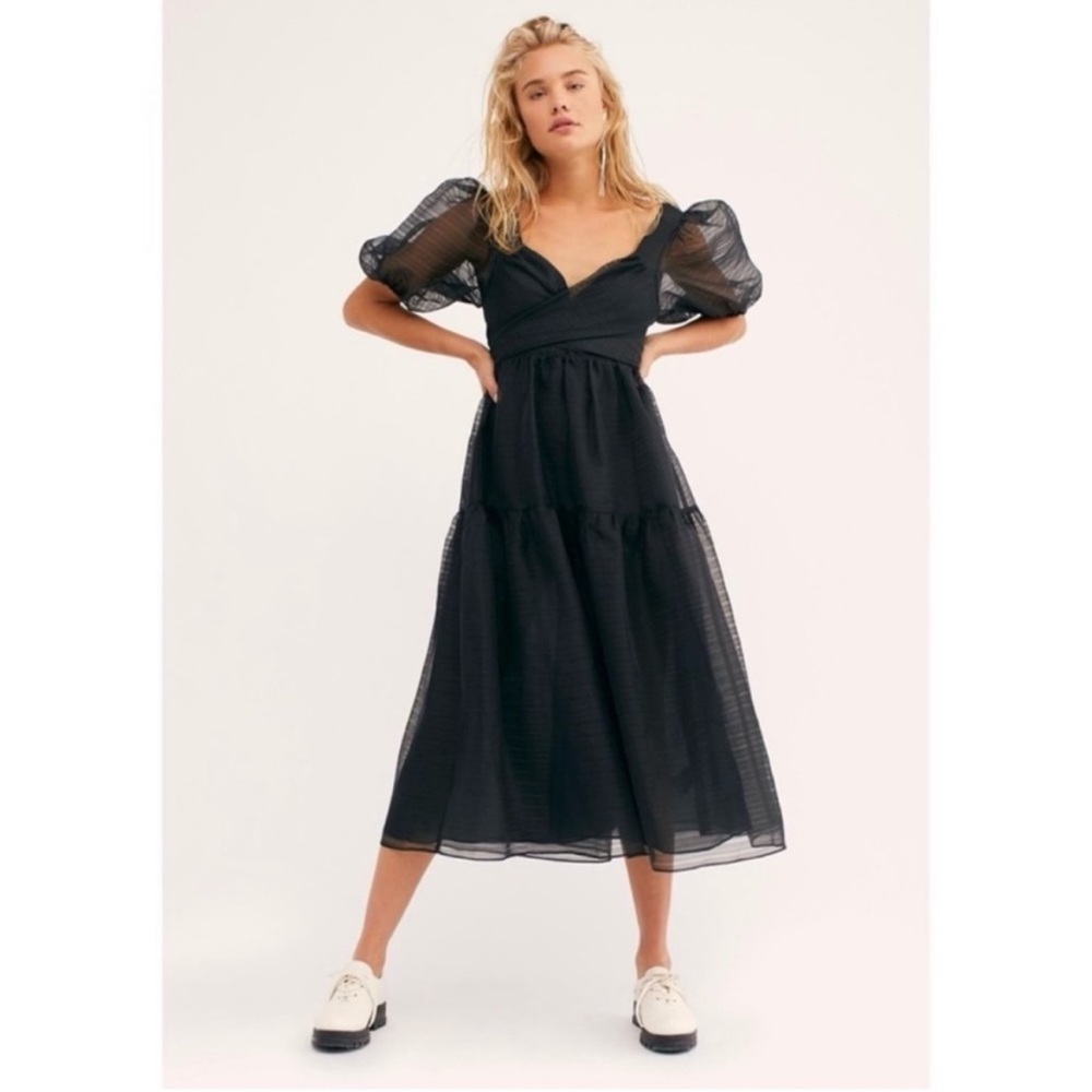 Free People Hailey Organza Puff Sleeve Dress Color Black Size 4.